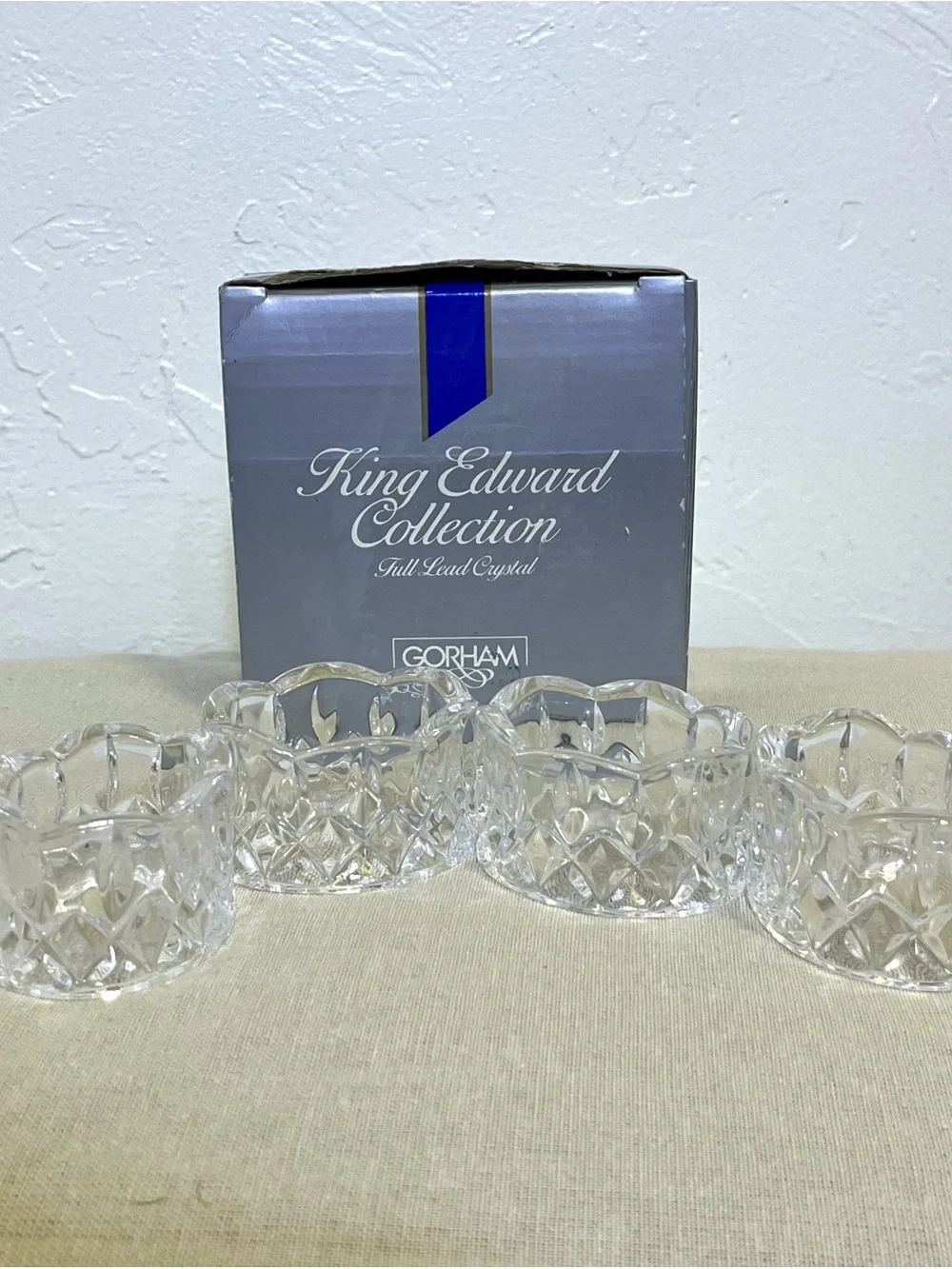 Vintage Gorham King Edward Full Lead Crystal Napkin Rings Set of 4 In Box